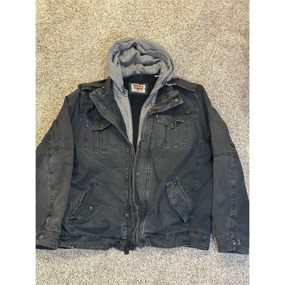 Men's Levi's Washed Cotton Sherpa-Lined Hooded Trucker Jacket Black Size Large